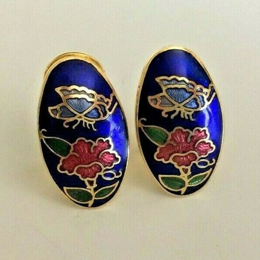 Vintage Cloisonne Gold Floral Pierced Earrings - Picture 1 of 6
